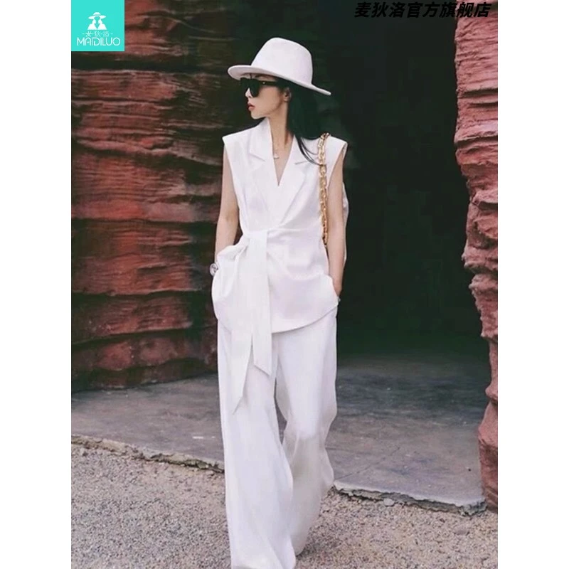 高级感时尚阔腿裤无袖西装马甲套装女夏季薄款洋气系带上衣两件套