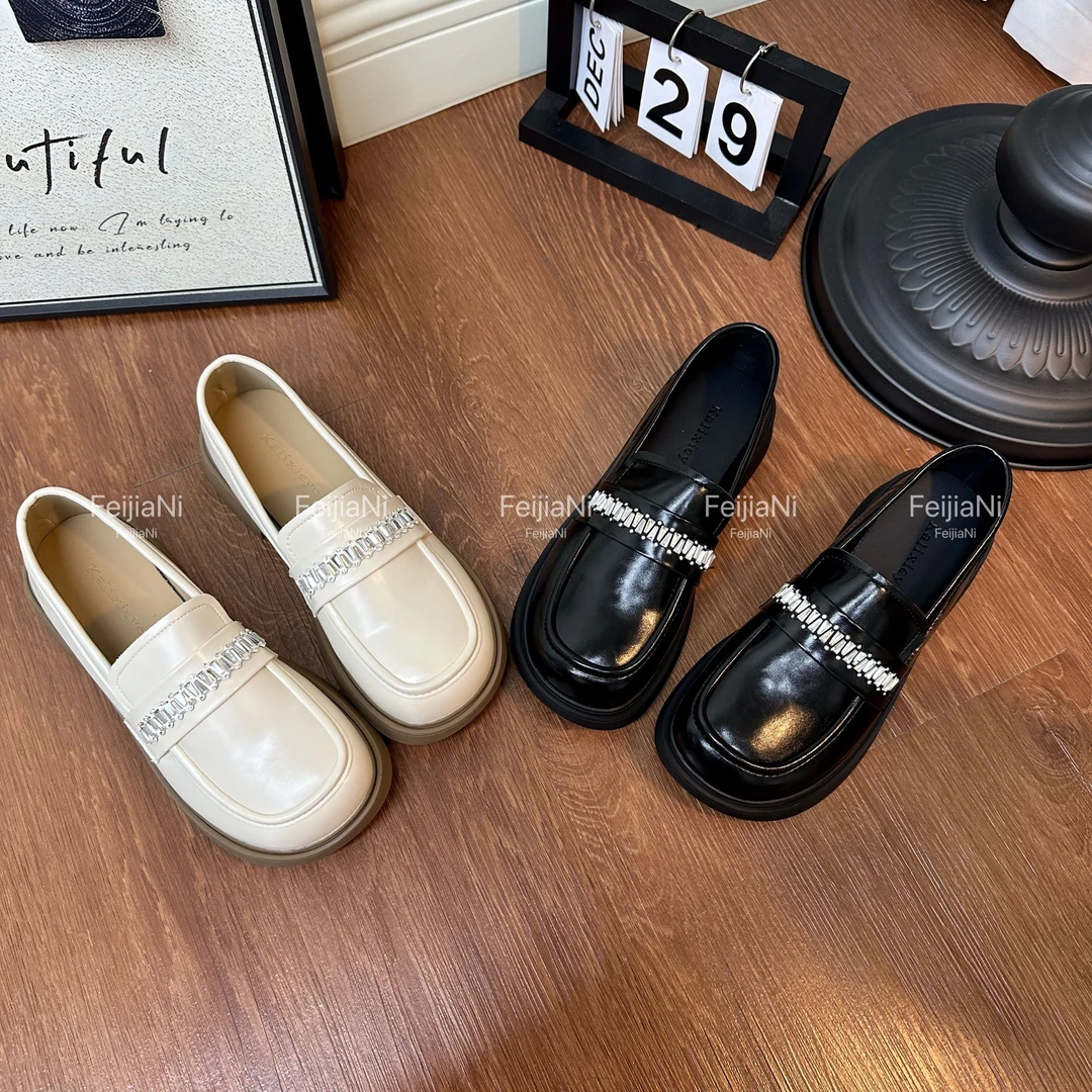 FeiJiaNi/斐佳妮2025新款一脚蹬软底水钻小皮鞋英伦软底乐福单鞋