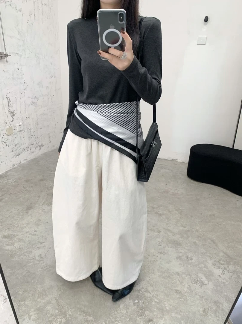 秋季时尚新款韩版灯芯绒宽松显瘦百搭休闲裤女松紧腰直筒阔腿裤