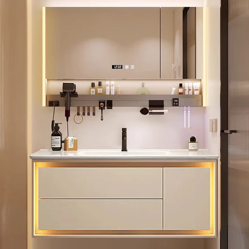 奶油风陶瓷一体盆智能轻奢浴室柜洗脸盆柜组合卫生间洗手盆柜组合
