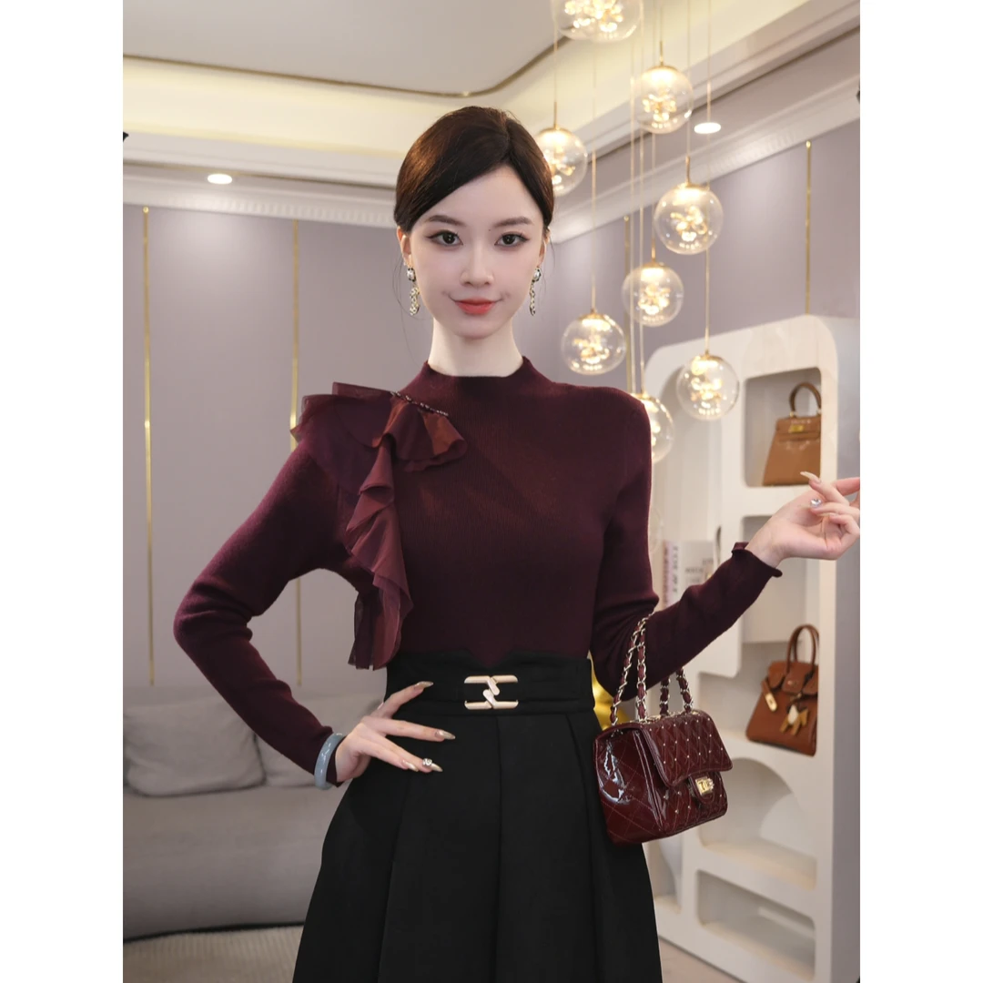 2026秋冬新款【8386】含绵羊毛针织衫荷叶边红色修身时尚百搭毛衣女