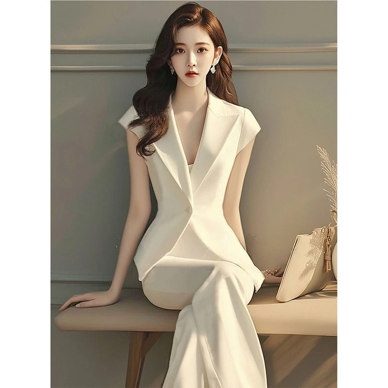 韩剧穿搭名媛高端干练气质高级感白色西装上衣阔腿裤两件套装女夏