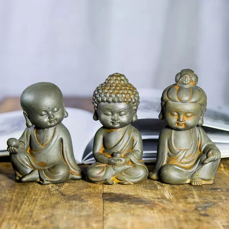 禅意中式居家婆娑三圣如来观音地藏佛像桌面茶桌装饰摆件纯手工制