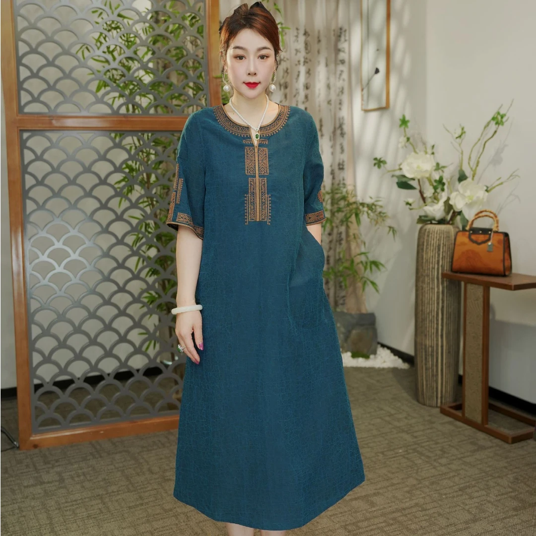 2025夏季非遗100%桑蚕丝蓝色香云纱龟裂纹连衣裙正宗香云纱连衣裙