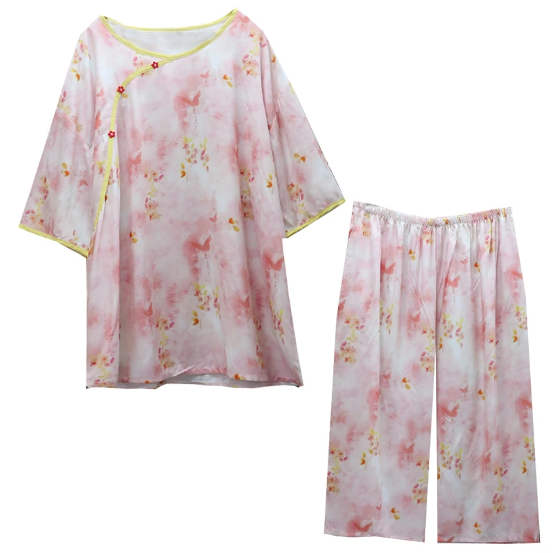 国风短袖阔腿裤七分裤绵绸睡衣加大码宽松胖MM200斤人造棉家居服