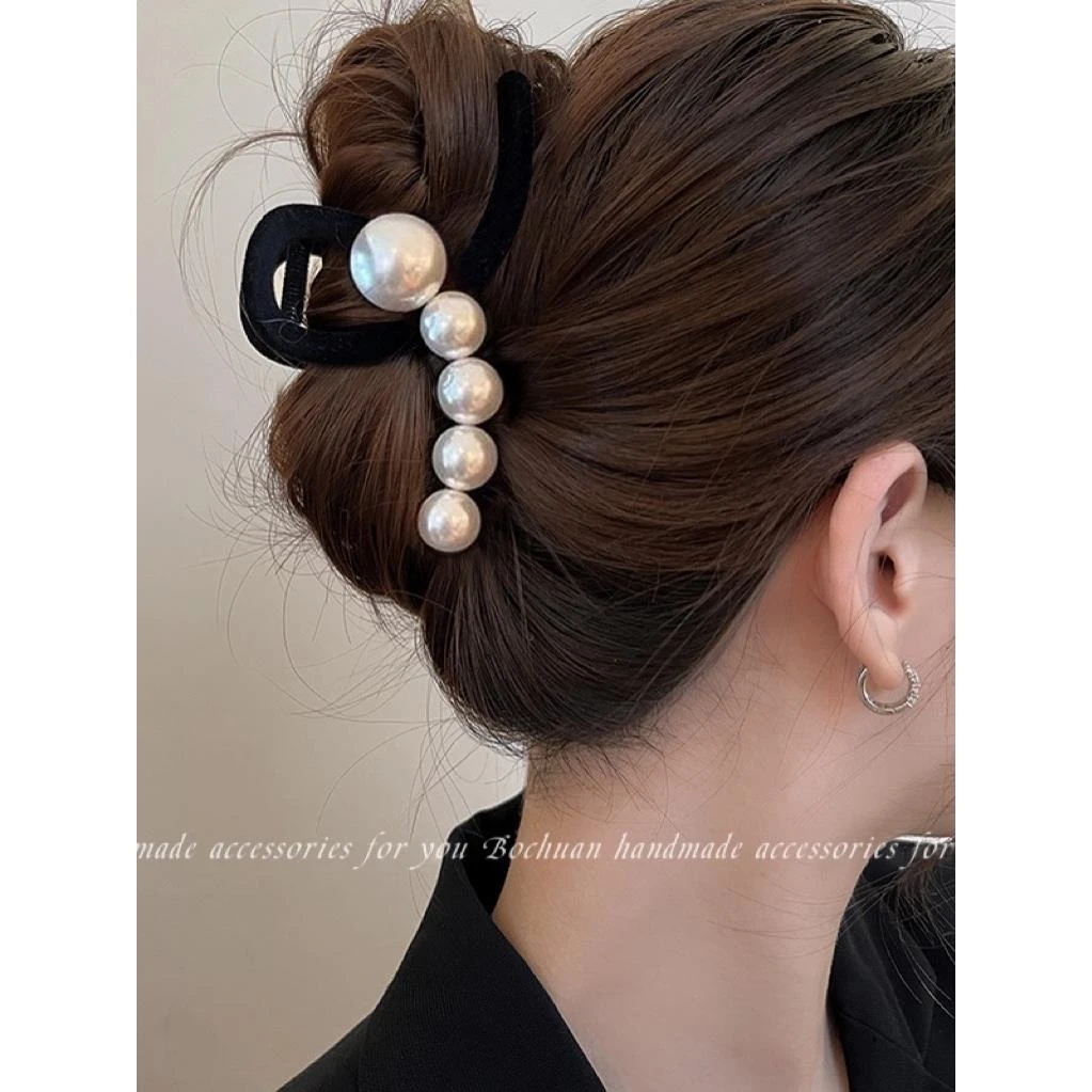 贵气松弛感！丝绒珍珠抓夹！气质后脑勺盘发夹子头饰高级感鲨鱼夹