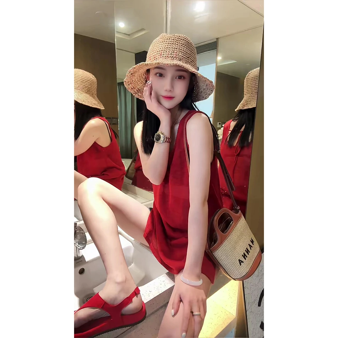 夏季中长侧开叉背心简约纯色微透U领无袖宽松百搭不挑人背心上衣