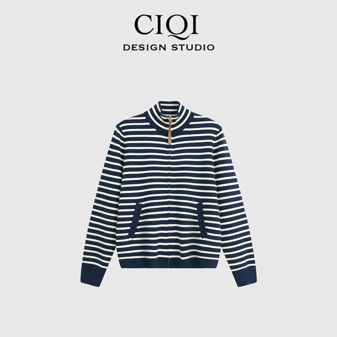 CIQI STUDIO 【经典美式】春季时尚条纹立领拉链长袖针织衫DY25802