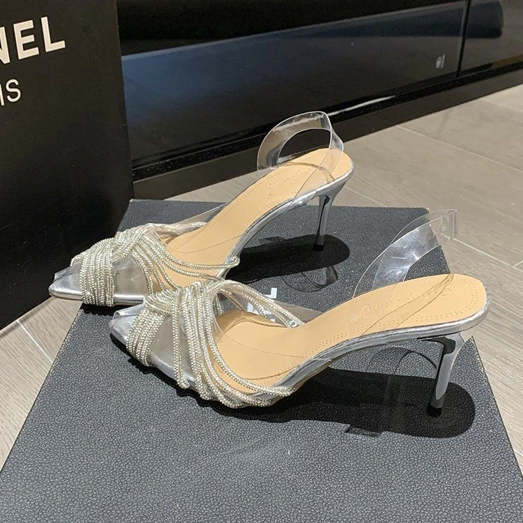 凉鞋女2024年夏季新款高跟鞋细跟尖头包头水钻气质透明水晶鞋婚鞋