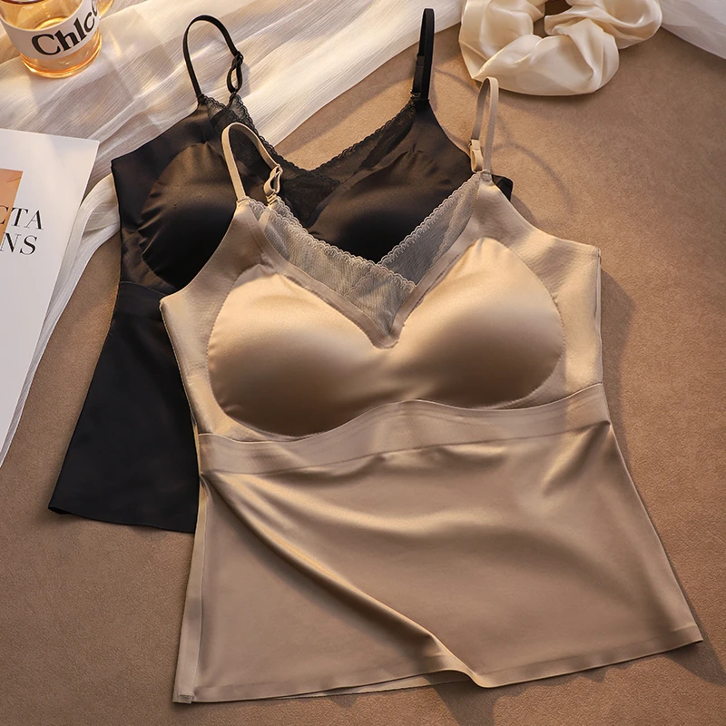缎面V领吊带背心一体带胸垫内衣女夏季薄款无痕内搭外穿美背文胸