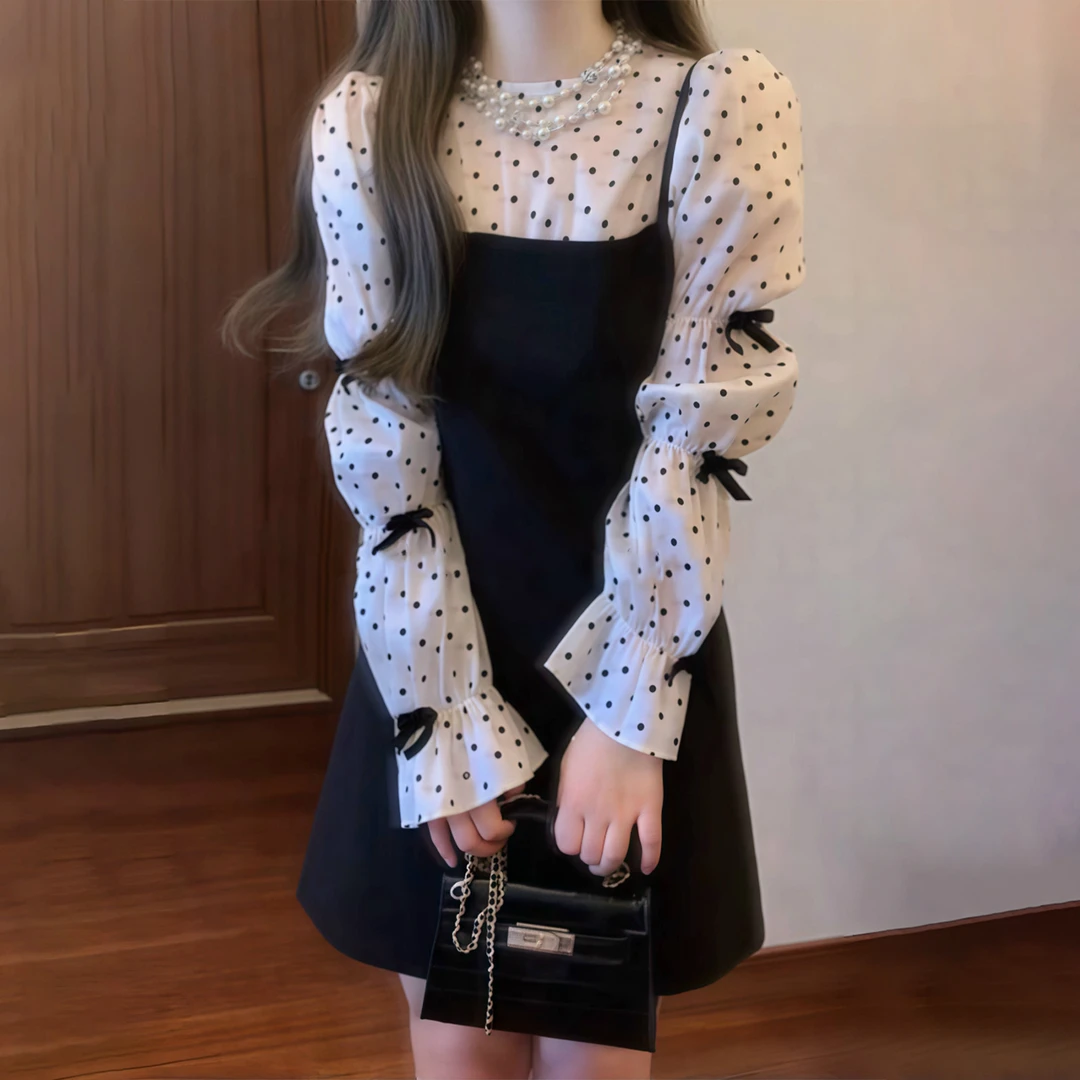 2025早秋新款法式黑色波点吊带连衣裙子女春秋季富家千金套装短裙
