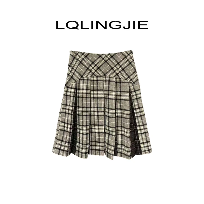 【Q-俏俏】 秋冬学院风撞色格纹A字百褶裙少女感减龄半身裙5019