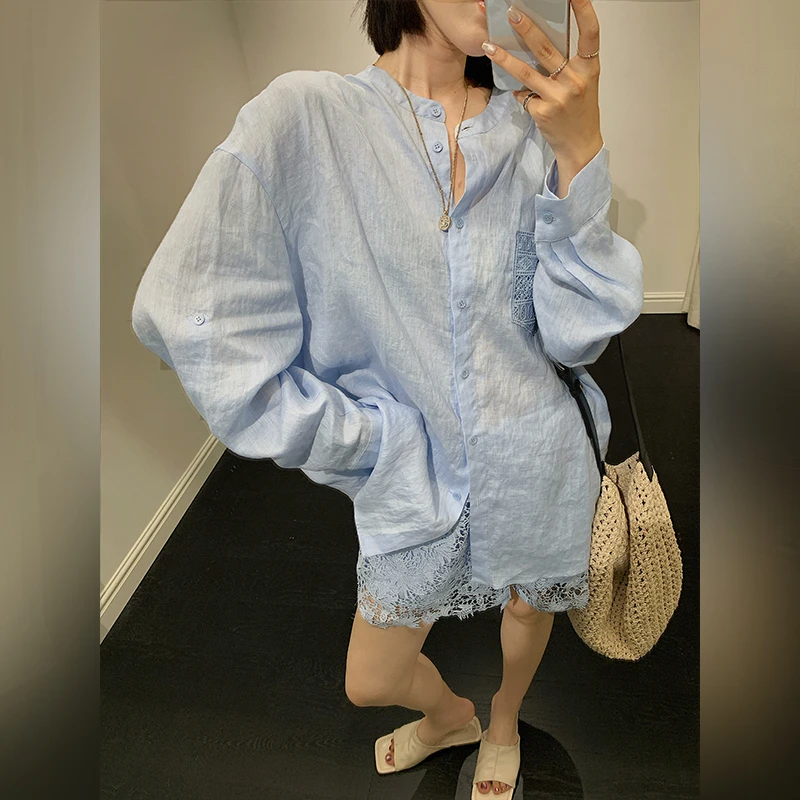 十三粥私服 漫屿松弛 100亚麻度假套装女简约时尚宽松遮肉SC0055