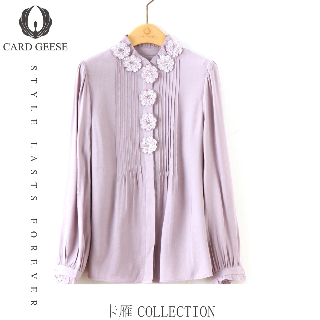 卡雁25新款木耳边衬衣立领蕾丝立体花朵上衣MYJ2-25S958-D9591