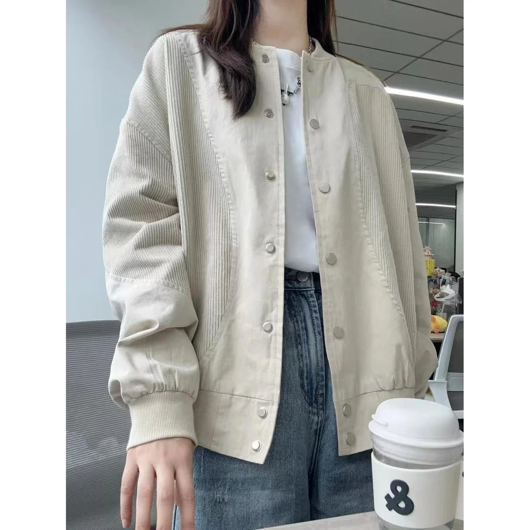 新款初秋灯芯绒拼接棒球服外套女春秋美式复古设计感宽松休闲夹克