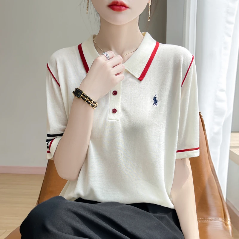 100%莱赛尔天丝~夏季新款撞色POLO针织上衣女短袖T恤休闲百搭显瘦
