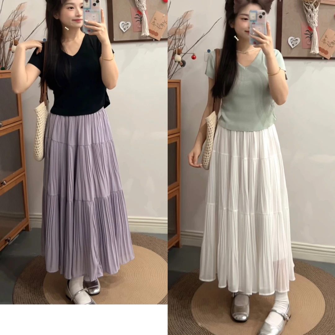 小个子紫色压褶夏季高腰显瘦垂感长半身裙7061