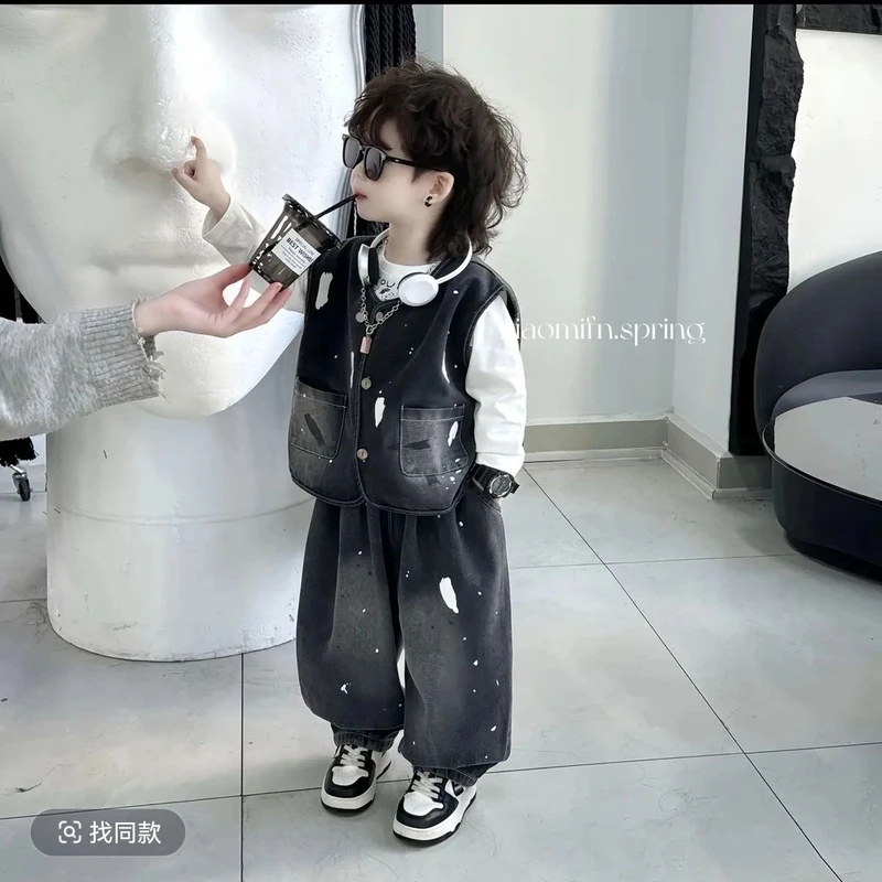 男童春装牛仔套装2025新款中小童春秋季男孩儿童痞帅马甲三件套潮