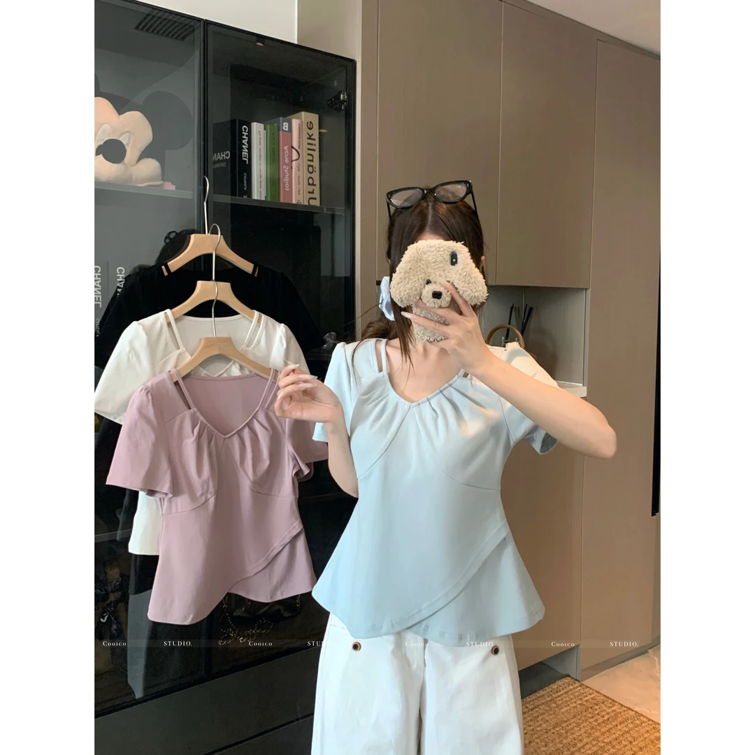 【6630】大码胖mm2025欧若风新款洋气减龄设计感镂空纯欲短袖上衣女