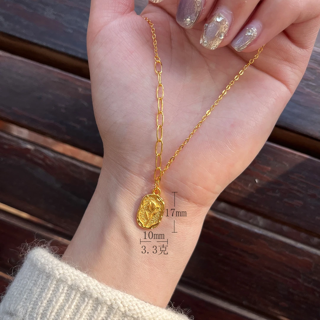 铜合金吊坠 郁金香锁骨链项链女金色浪漫玫瑰花方牌时尚吊坠AB链