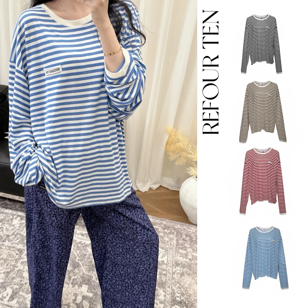 “REFOUND TEN”圆领拼色条纹长袖T恤女——黑鸭子买手店