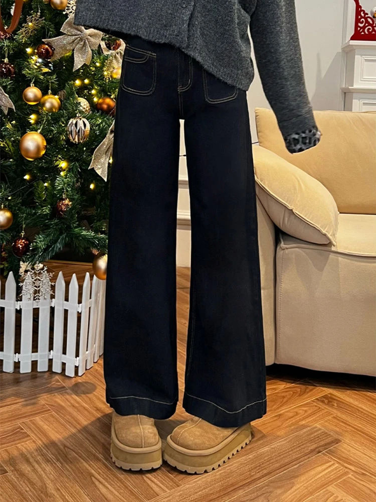 深蓝色牛仔裤女秋冬加绒大码胖mm梨形身材宽松高腰显瘦直筒阔腿裤
