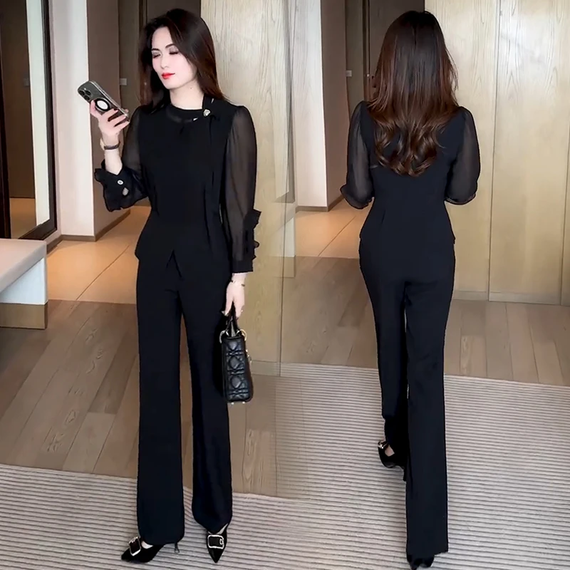 时尚高级感套装女2025春季新款洋气收腰显瘦垂感衬衫阔腿裤两件套