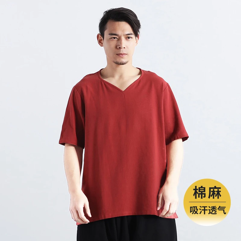 短袖T恤男夏季薄款透气棉麻男装纯色桃心领简约风休闲宽松半袖t桖