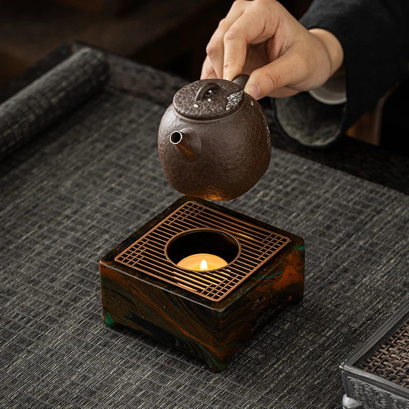 复古大漆砂岩温茶炉蜡烛加热煮茶炉高端新中式高颜值温茶器底座