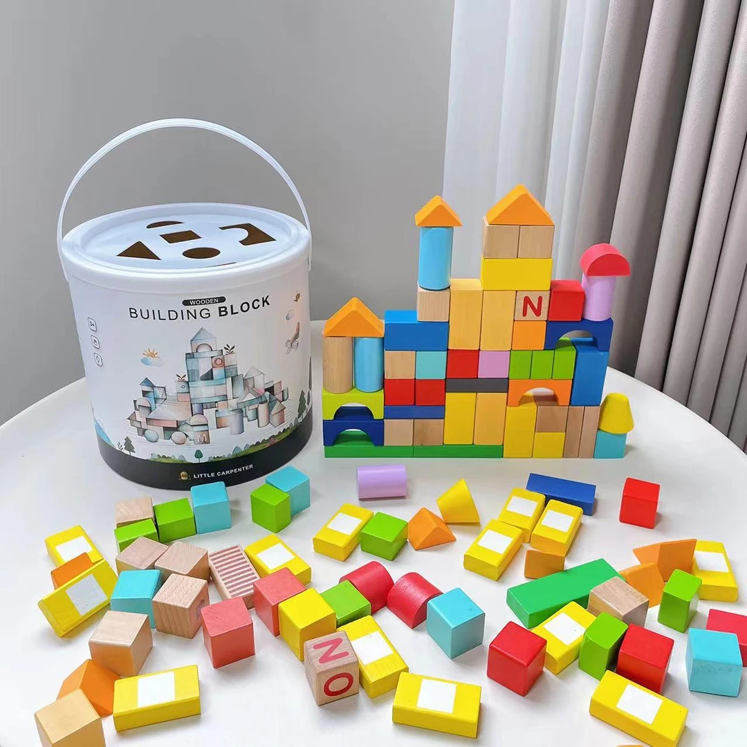 little carpenter 实木早教积木62颗积木大颗粒木质玩具