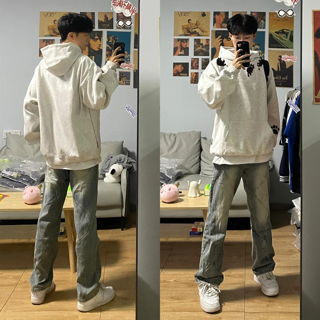 WASSUP HSUBE美式潮流宽松印花长袖秋冬卫衣猫咪几何字母情侣上衣