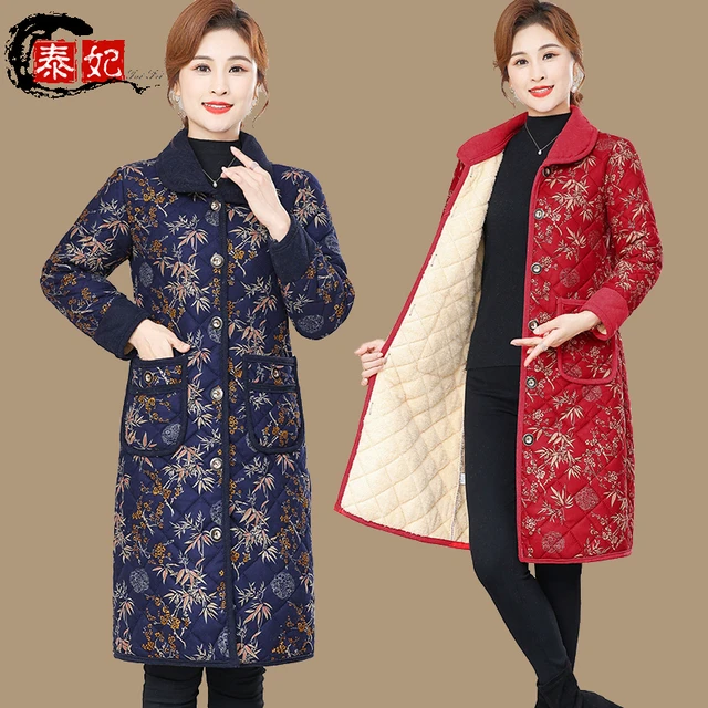 妈妈冬装棉衣加绒长款外套洋气中老年人女装棉罩衣时尚保暖花棉袄