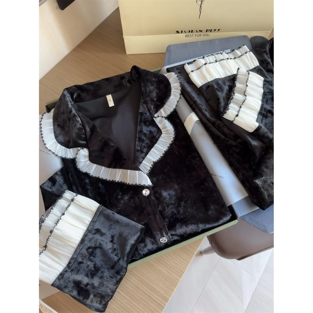 法式轻奢名媛风金丝绒睡衣女秋冬季新款木耳边开衫保暖家居服套装