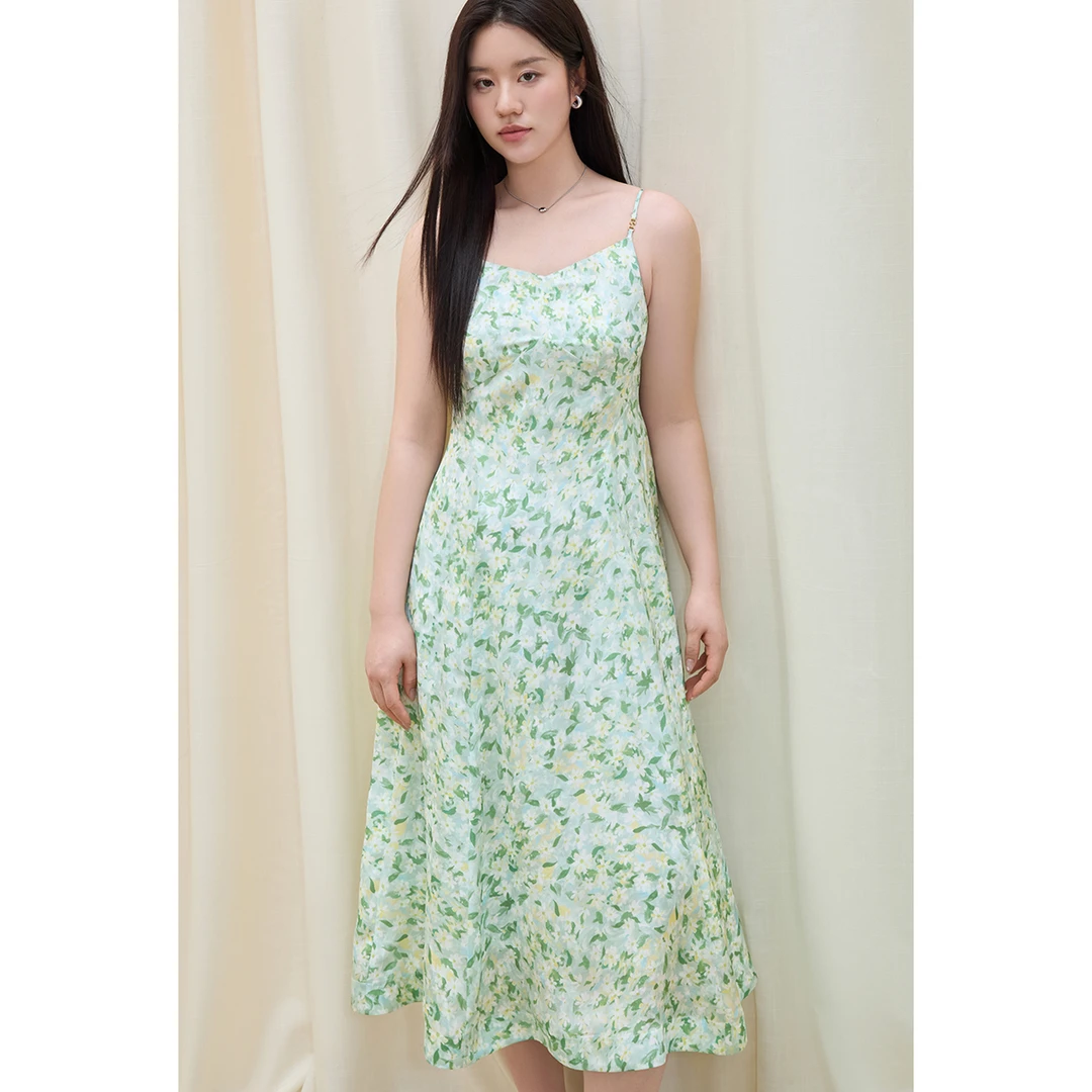 独束微胖大码女装【半夏花影】吊带碎花连衣裙印花中长裙25DS82085