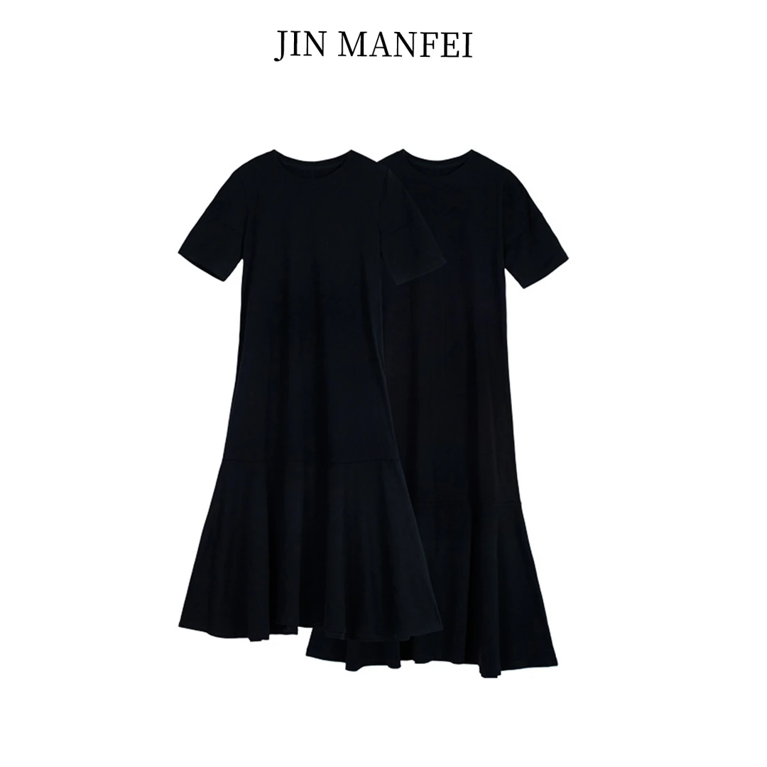 金曼妃2025春季A字圆领连衣裙复古简约气质百搭新款大码连衣裙