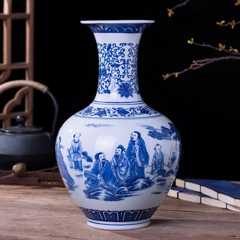 （高32cm）景德镇陶瓷花瓶青花缠枝孔子教学赏瓶客厅办公室书房摆件