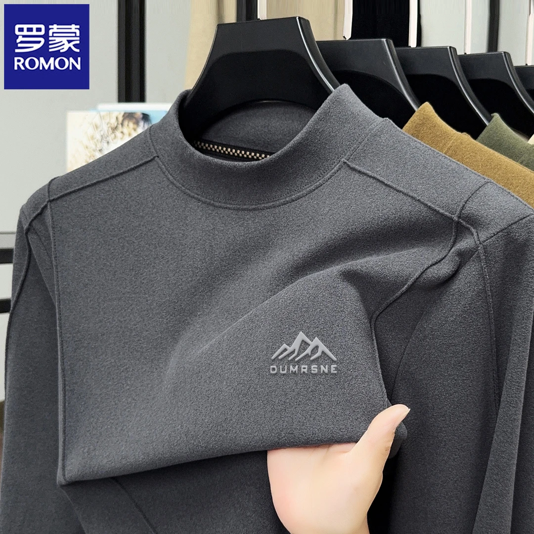 罗蒙2025秋冬季新款双面德绒长袖t恤男保暖上衣半高领打底衫卫衣