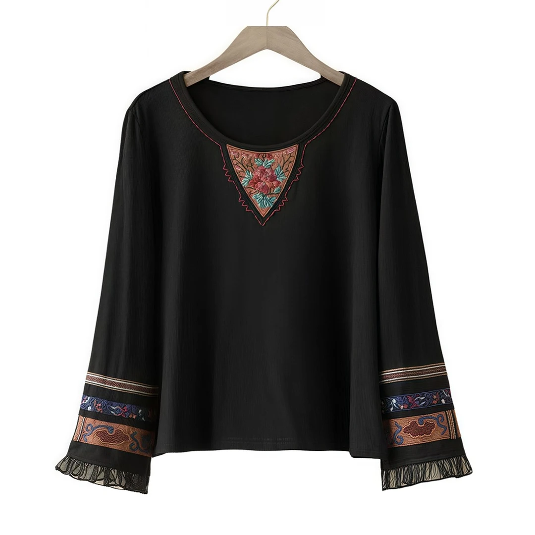 设计师原创民族风文艺复古重工拼接刺绣高弹人棉九分袖T恤打底衫