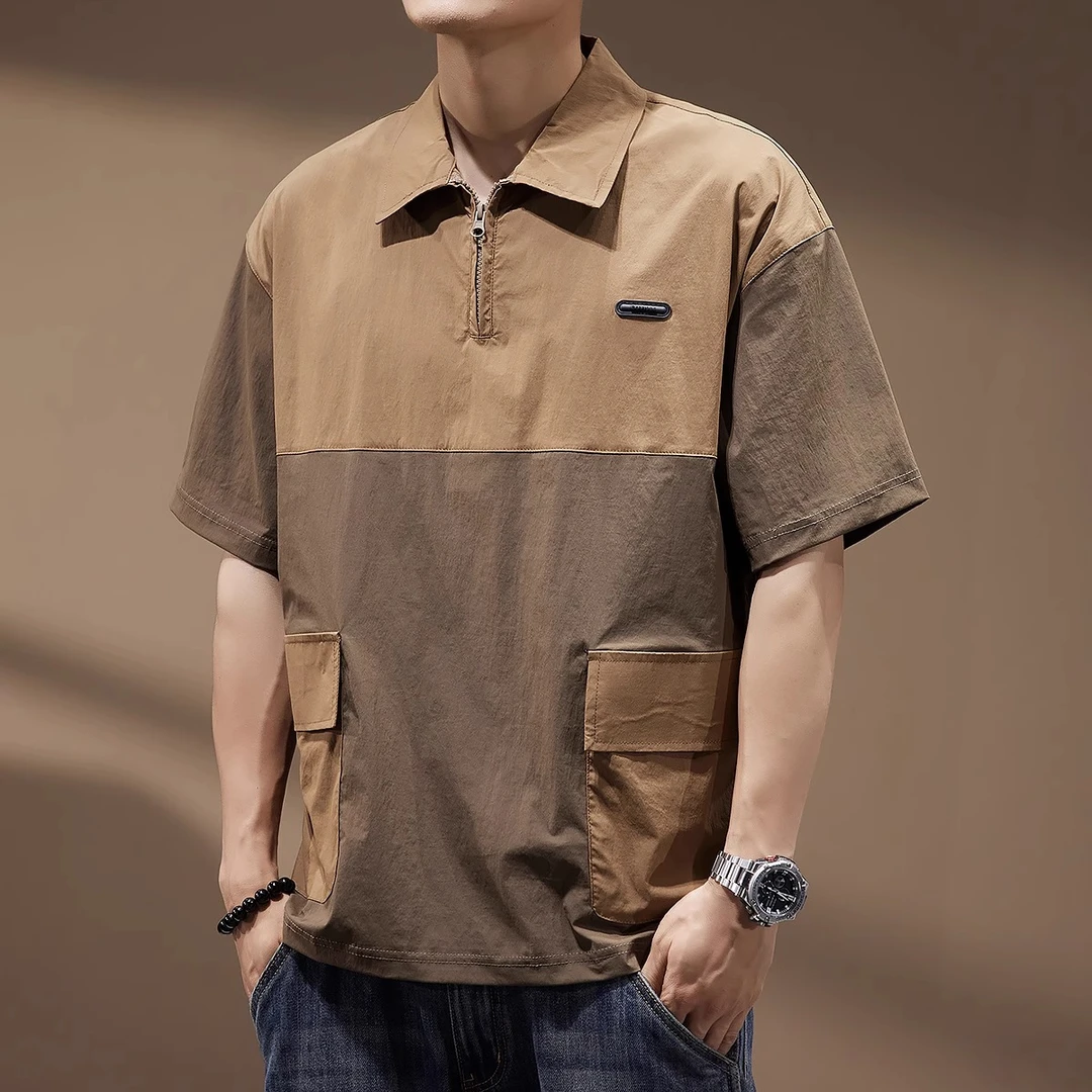 U&PURA高端美式半拉链Polo衫男撞色拼接夏季复古工装宽松短袖t恤