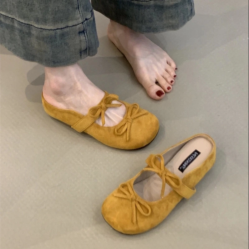 QYZ-830-10温柔仙女风包头拖鞋2025蝴蝶结圆头内增高懒人半拖