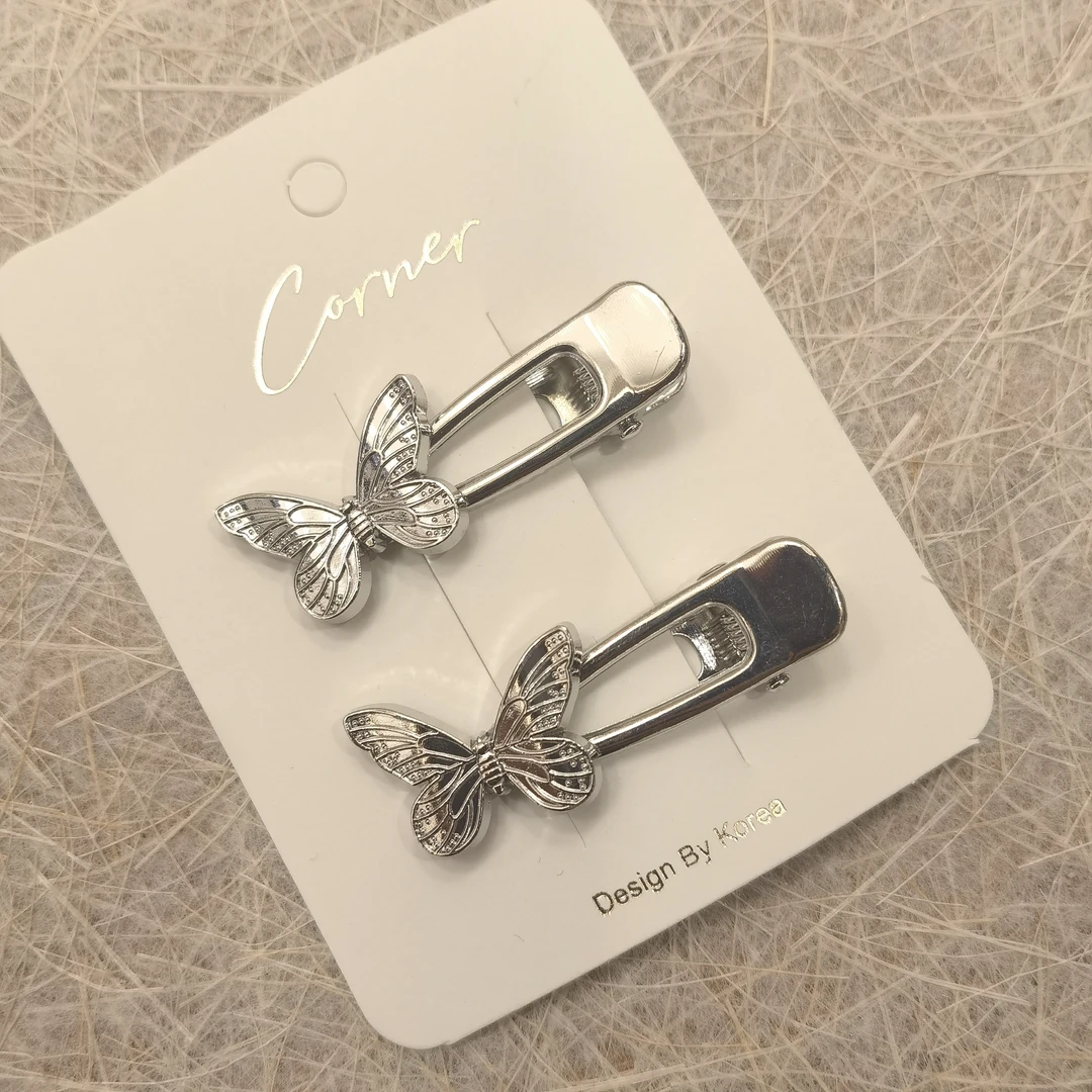 E042银色蝴蝶结边夹一对