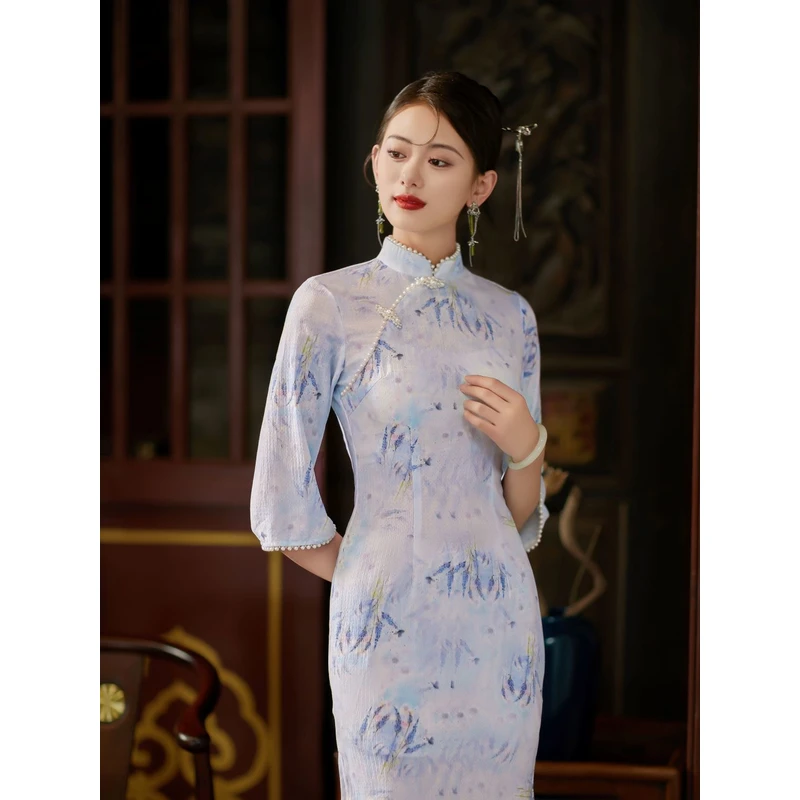 W-1957 云之栖 竹*麻 春款 倒大袖钉珠 年轻款改良旗袍115cm长款