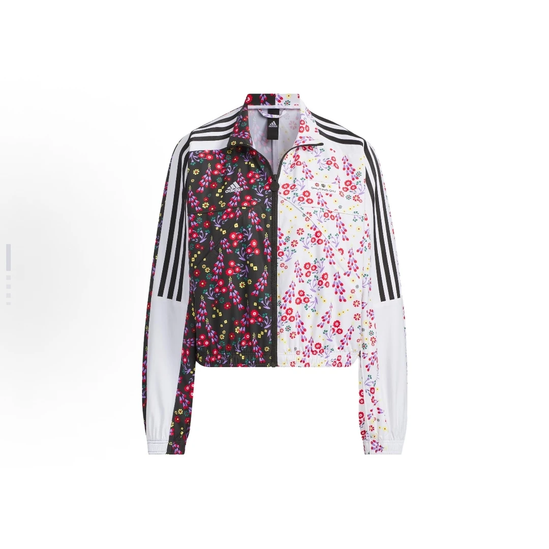 adidas  联名系列 三条纹拼色花卉立领夹克 女款 黑白色IM8441