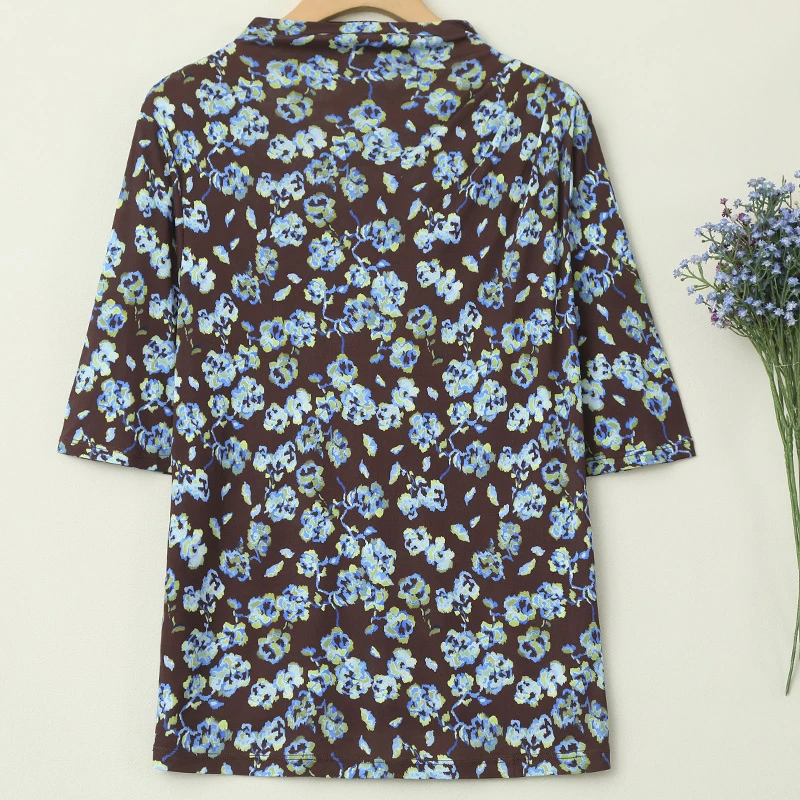 D真丝42针时尚印花打皱自由领五分袖上衣洋气女士套头T恤衫M6606