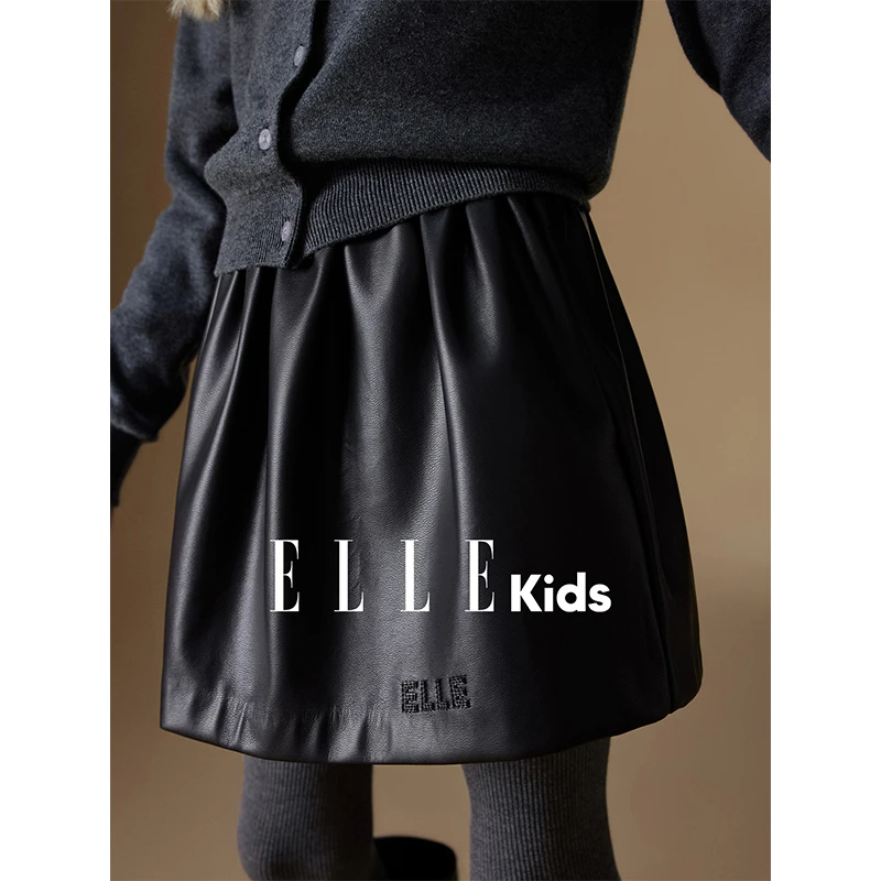 ELLE KIDS童装 时尚简约百搭花苞皮半裙PU皮短款松紧腰D1