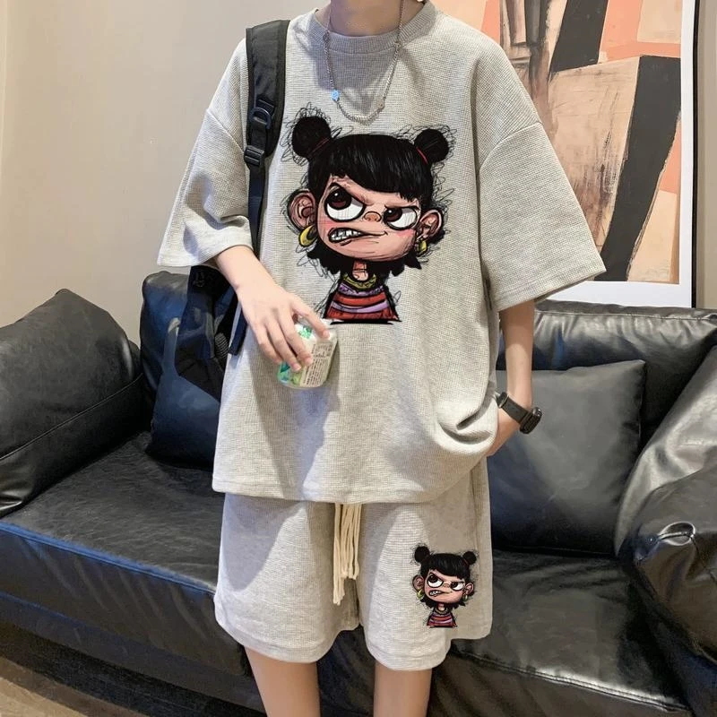 哪吒华夫格短袖短裤两件套装男生夏季宽松休闲运动潮流青少年搭配