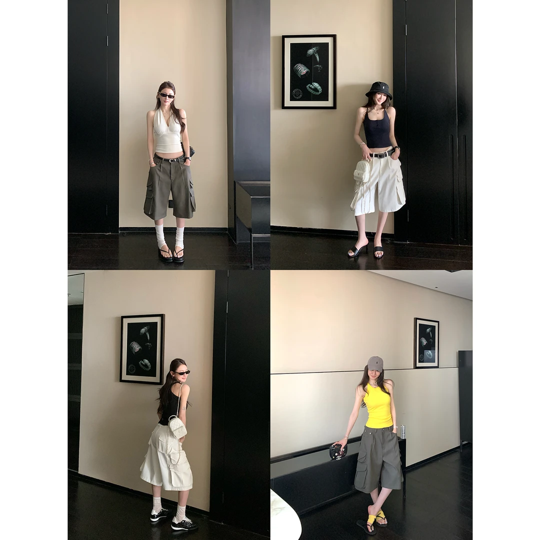 SKKStore 松弛街头 R*3同款高密细滑天丝棉口袋工装裤七分裤