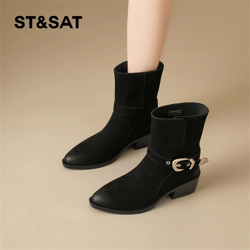 星期六粗跟短靴子女2025款秋冬复古擦色马丁靴百搭舒适中跟瘦瘦靴
