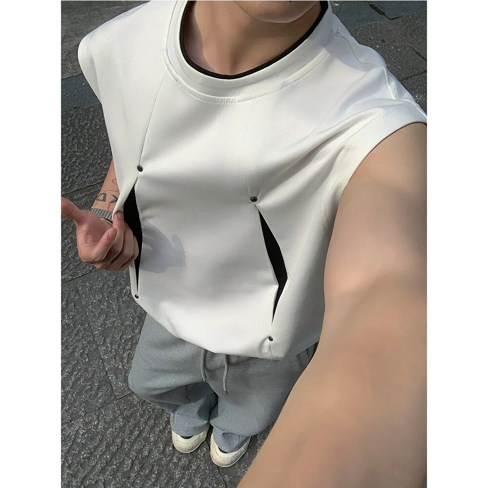 美式铆钉正肩短袖t恤男夏季修身弹力无袖坎肩太空棉解构运动背心