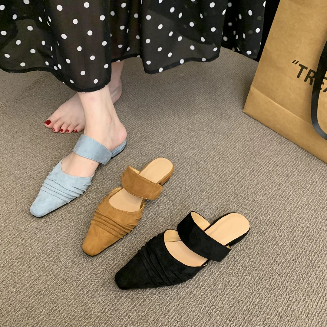 法式~！法式小香风包头半拖鞋女夏外穿2025新款平底穆勒鞋一脚蹬